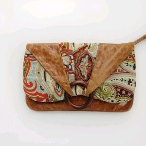 Ebisu Womens Boho Brown Leather Floral Patchwork Wrislet Cottagecore Clutch